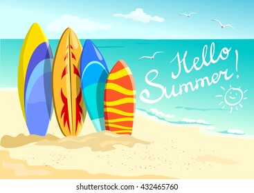 surfing on the beach. hello summer. vector illustration