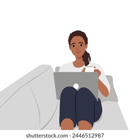 Surfing on the Internet with a Laptop. cartoon character.attractive girl chatting with her friends while sitting in sofa. Flat vector illustration isolated on white background