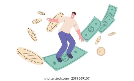 Surfing on money. Successful businessman rides banknote like surfboard or skateboard. Rich concept, financial success, gold coins, vector scene
