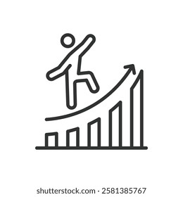Surfing on rising stock market arrow, icon in line design. Surfing, rising stock market, financial success, business growth, on white background vector. Stock market arrow editable stroke icon