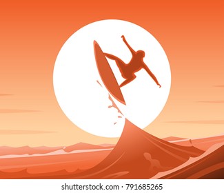 Surfing on Sea Waves and Sunset Scene