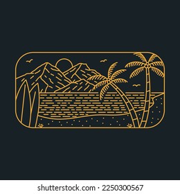 Surfing on Tropical Beach Monoline Design for Apparel
