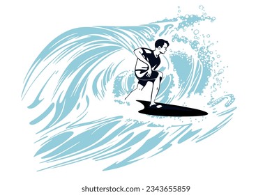 Surfing on a wave in the ocean. Surf rider on big waves. Surfer vector illustration in flat design for t shirt print or club banner.