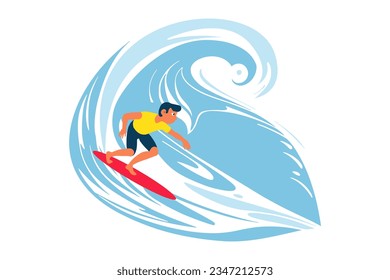 Navegando en una ola en el océano. Surf en grandes olas. Ilustración vectorial surfer en diseño plano para la impresión de camisetas o banner de club.