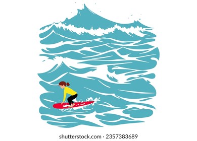 Surfing on a wave in the ocean. Surf rider on big waves. Surfer vector illustration in flat design for t shirt print or club banner.