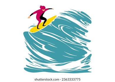 Surfing on a wave in the ocean. Surf rider on big waves. Surfer vector illustration in flat design for t shirt print or club banner.