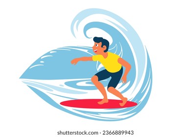 Surfing on a wave in the ocean. Surf rider on big waves. Surfer vector illustration in flat design for t shirt print or club banner.