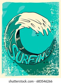 Surfing on a wave. Vector illustration poster with old frame and retro colors