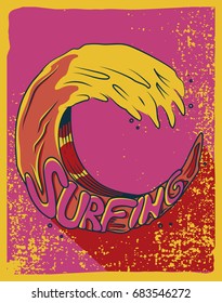 Surfing on a wave. Vector illustration with pop art colors and old frame