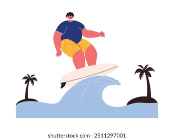 Surfing on the waves, extreme sports vector illustration.