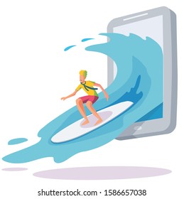 surfing online a smartphone wave vector illustration. Surfing the web for banner