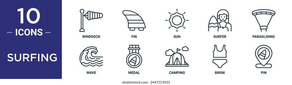 surfing outline icon set includes thin line windsock, fin, sun, surfer, paragliding, wave, medal icons for report, presentation, diagram, web design