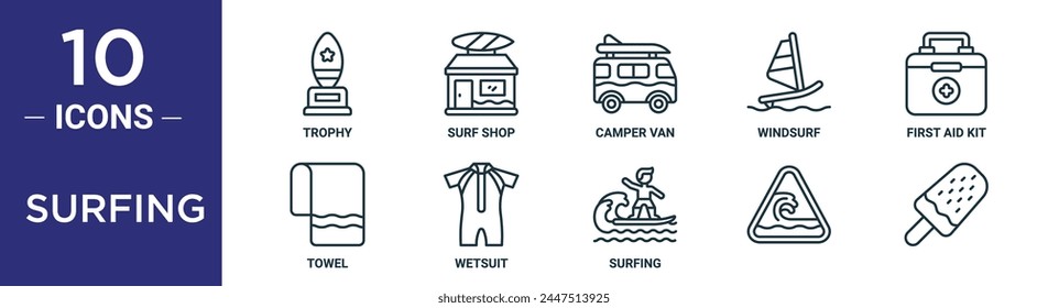 el conjunto de íconos de surf incluye trofeo de línea fina, tienda de surf, camioneta camper, windsurf, kit de primeros auxilios, toalla, iconos de traje de neopreno para informe, presentación, diagrama, Diseño web