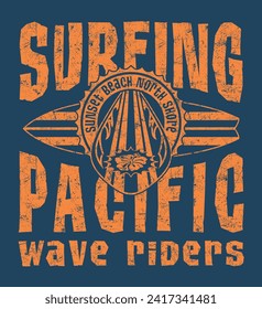 Surfing Pacific North Shore Hawaii wave riders vintage vector print for boy kid t shirt grunge effect in separate layer