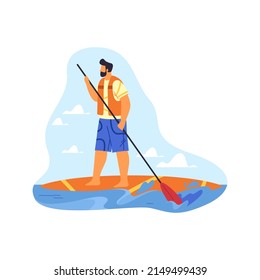 Surfing or paddling on surfboard, vector icon