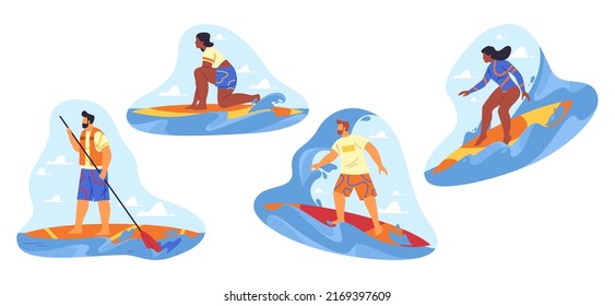 Surfing or paddling stickers or icons, vector set