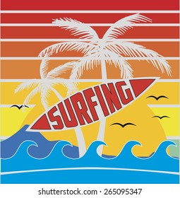 surfing, palm. california. retro style. sunshine.  vector illustration.