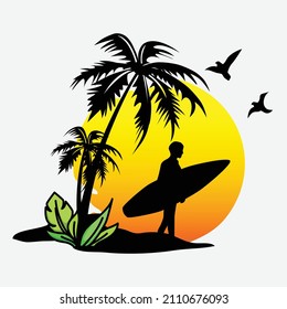  Surfing, palm tree, sunset spots, wave, ocean, summer concept. For t-shirt prints and other uses.