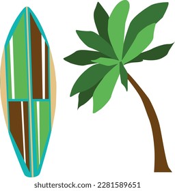 Surfing. Palm tree, surfboard. Vector