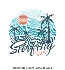 Surfing with palm trees line art illustration, ready for print on paper poster, t-shirt and other uses.