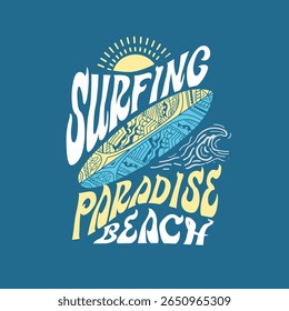 Surfing Paradise Beach surfboard vector graphic tee design