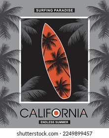 Surfing paradise California illustration typography vector graphic t shirt design with attractive palm leaves and skate board for t shirts print 