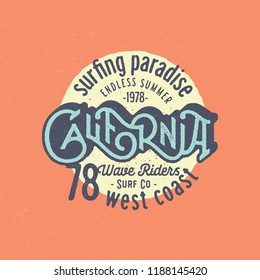 Surfing Paradise California Vintage Apparel Print Design. Retro Fashioned T Shirt Badge. Vector Illustration.