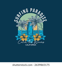 Surfing Paradise catch the waves summer vector illustration