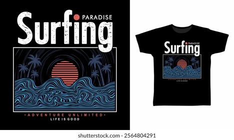 Surfing paradise line art hand drawn, vector ready for print on t-shirt and other uses.