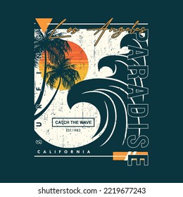 surfing paradise, los angeles, california beach print t-shirt design. wall murals, big waves silhouettes, typorgaphy vector illustration 