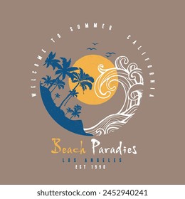 surfing paradise, Los Angeles, California beach print t-shirt design. wall murals, big waves silhouettes, typography vector illustration