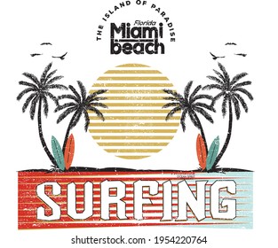 Surfing paradise miami beach with surfing board and palm tree vector print design for t-shirt and others