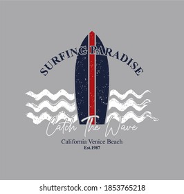  surfing PARADISE, Miami Beach, Florida surf t-shirts, tee lettering, typography graphic design emblem, stylish print design for sportswear. originaL