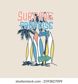 Surfing Paradise palm tree surf boards retro hand drawn vector illustration