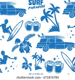 Surfing Paradise Seamless Patern With Coconut Trees, Beer and Car