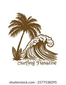 Surfing paradise summer beach silhouette t shirt design ilustration for travel lovers