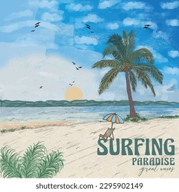 Surfing Paradise Summer Great waves Palm tree, sunset, sunrise, surfboard. vector graphic print design. Summer paradise Vibes Great Waves. Summer vibes tropical graphic print design.