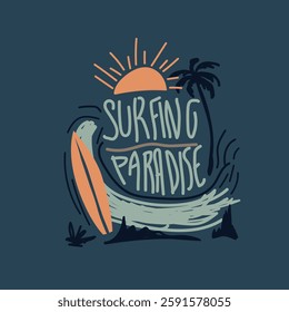 Surfing Paradise sunset palm tree hand drawn vector graphic