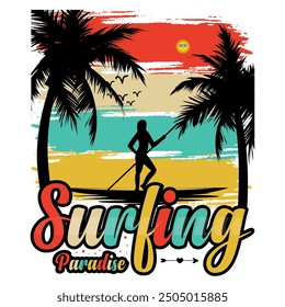 Surfing paradise surf and palms in California, tee print vector design with texture and palms. Summer beach t shirt design, vector graphic.