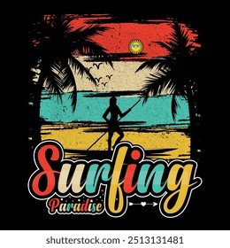 Surfing paradise surf and palms in California, tee print vector design with texture and palms. Summer beach t shirt design, vector graphic.