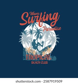 Surfing Paradise Tropical Beach Club Summer palm tree surfer vector illustration