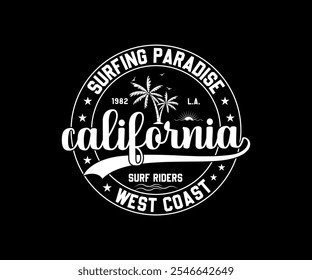 Paraíso del surf. Texto de verano de playa tropical con una ilustración de las olas, para las impresiones de la camiseta, carteles. Ilustración vectorial de playa de verano. California