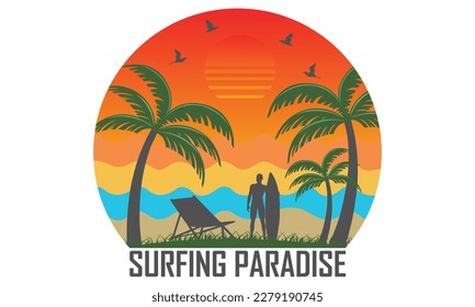 Surfing paradise T-shirt design vector Illustration summer concept slogan t shirt. Vector illustration design for fashion graphics, t shirt prints etc.Beach shirt , surfing, time for surfing,