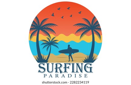 Surfing paradise T-shirt design vector Illustration summer concept slogan t shirt. Vector illustration design for fashion graphics, t shirt prints etc.Beach shirt , surfing, time for surfing,