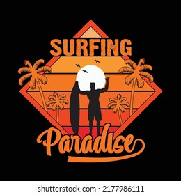 Surfing paradise vintage style t-shirt and apparel trendy design with sunglass silhouettes, typography, print, vector illustration