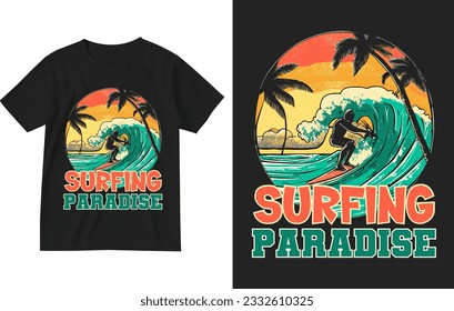 Surfing paradise.Exotic retro vintage style summer holiday travel clothing t shirt vector graphics design illustration.slogan tees.tropical hawaii surfing palms palm tree surfer sport surfboard trees