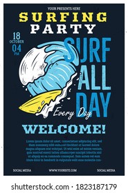 Surfing party flyer A4 format. Summer Adventure poster graphic design with surfboard, waves and text. Stock vector retro card