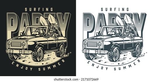 Surfing party poster monochrome vintage extreme trip to summer seaside by car with skeleton behind wheel vector illustration