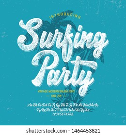 Surfing Party. Vintage Brush Script Modern Alphabet. Retro Typeface. Vector Font Illustration. Vector