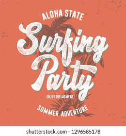 "Surfing Party". Vintage vector t-shirt and apparel design, print, logo, poster. Vector